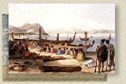 Painting of a Maori tribe and wakas